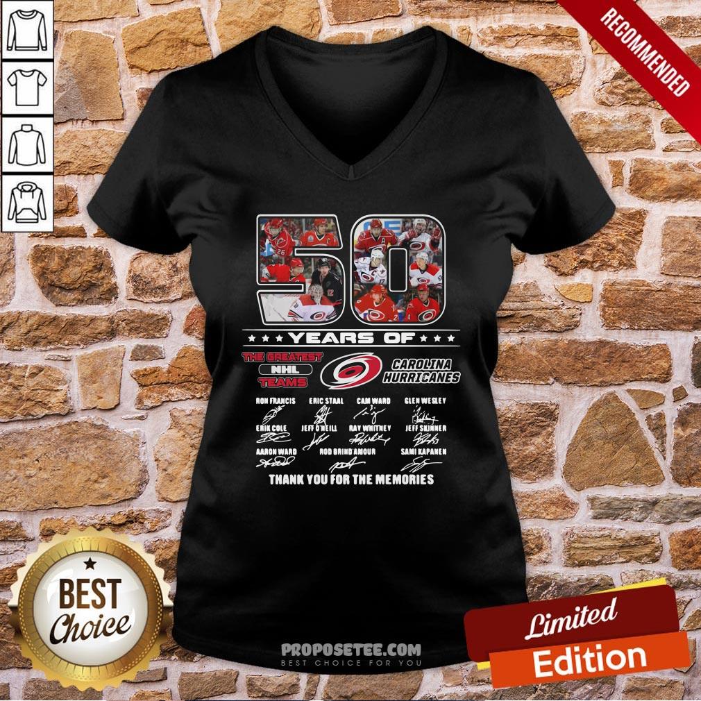 50 Years Of Carolina Hurricanes The Greatest NHL Teams Thank You For The Memories Signatures V-neck 50 Years Of Carolina Hurricanes The Greatest NHL Teams Thank You For The Memories Signatures V-neck