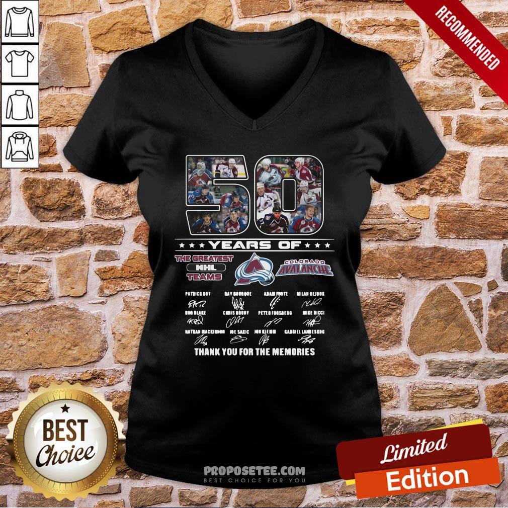 50 Years Of Colorado Avalanche The Greatest NHL Teams Thank You For The Memories Signatures V-neck 50 Years Of Colorado Avalanche The Greatest NHL Teams Thank You For The Memories Signatures V-neck